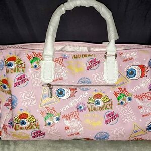 Von Dutch Light Pink Jax Chaos Print Large Vegan Leather Duffle Bag